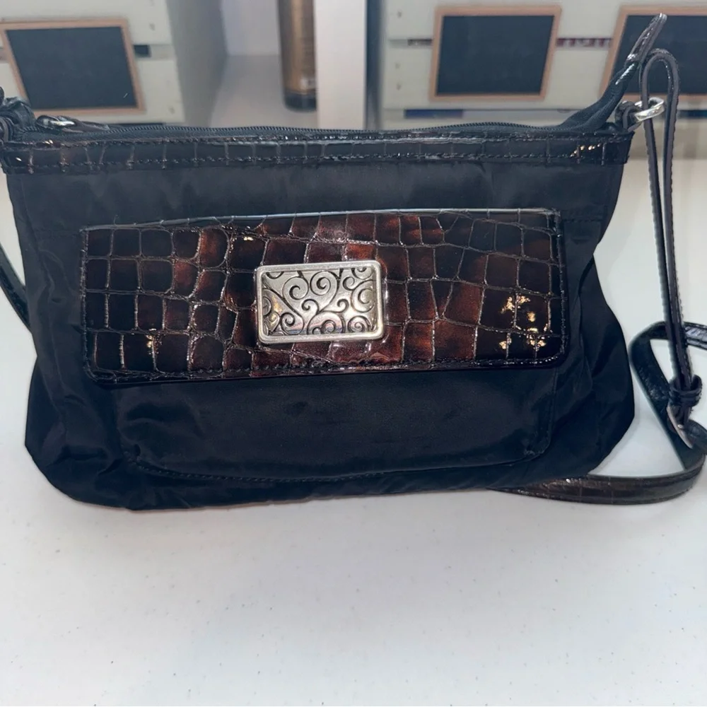 Brighton‎ Black Nylon Croc Embossed Leather Crossbody Bag F174135 Brown Trim
